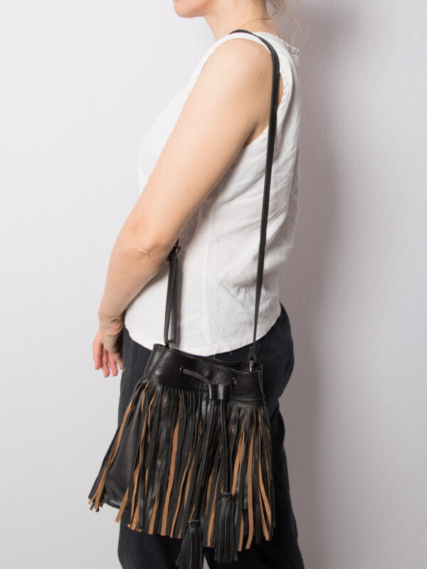 Real Leather Festival Fringe Bucket Bag - Image 5