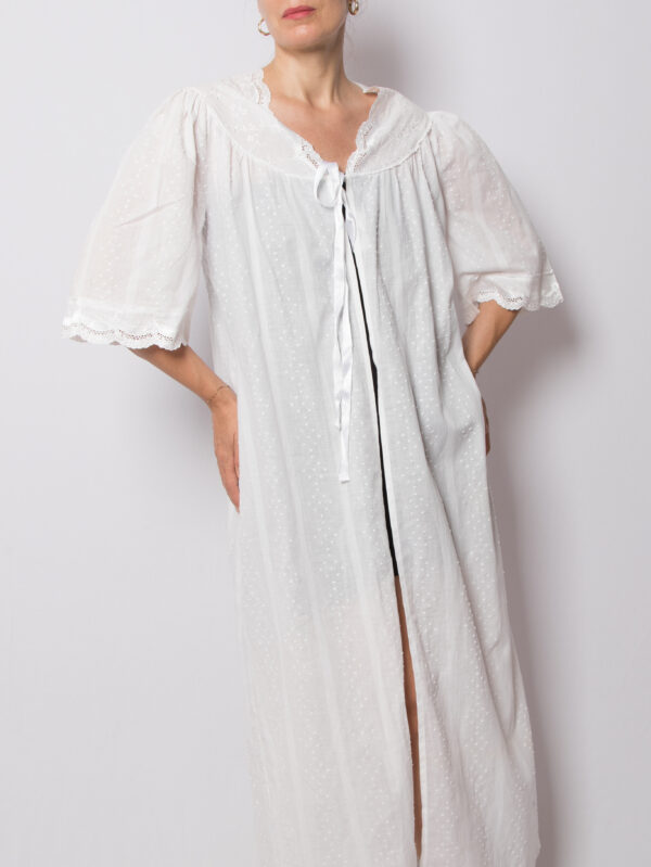 Vintage Long White Dressing Gown Cotton Edwardian Victorian Style Size M Gift