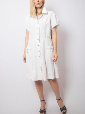 Vintage Linen Cotton Button Front Shirt Dress with Pockets Safari Style White Shirtdress Size XL Gift for Girlfriend Wife Daughter
