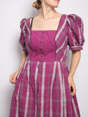 Alpine Dirndl Dress Vintage Purple Plaid Puff Sleeves Cotton Cottagecore Style Sounds of Music Size L
