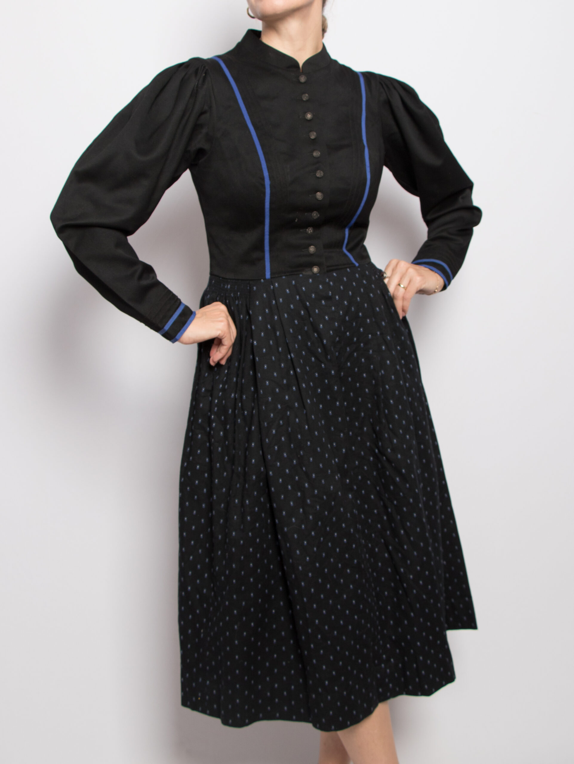 Sportalm Wool Cashmere Dirndl Dress Vintage Puff Sleeve Dirndl Dress Black Wool Cashmere Midi by Sportalm Austria Size M Alpine Heritage