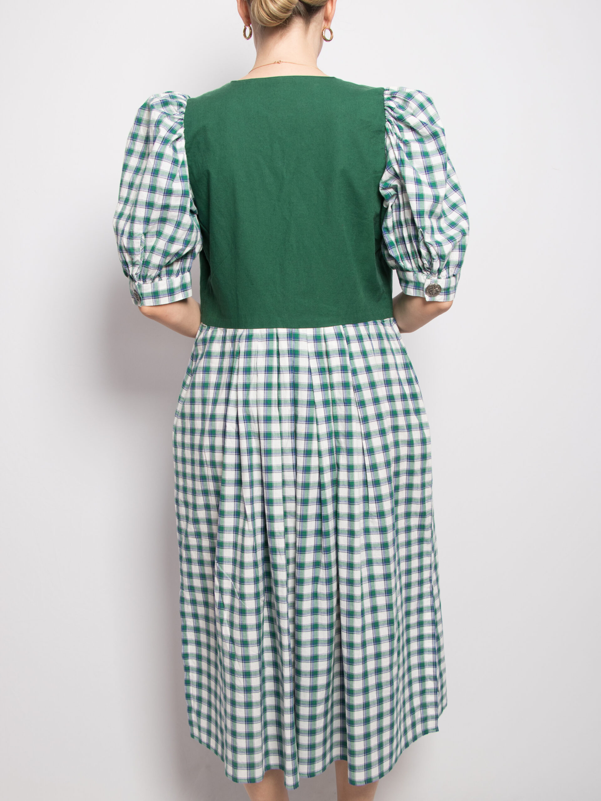 Vintage Green Dirndl Dress Puff Sleeves Button Front Vintage Green Dirndl Dress Puff Sleeves Button Front - Image 3