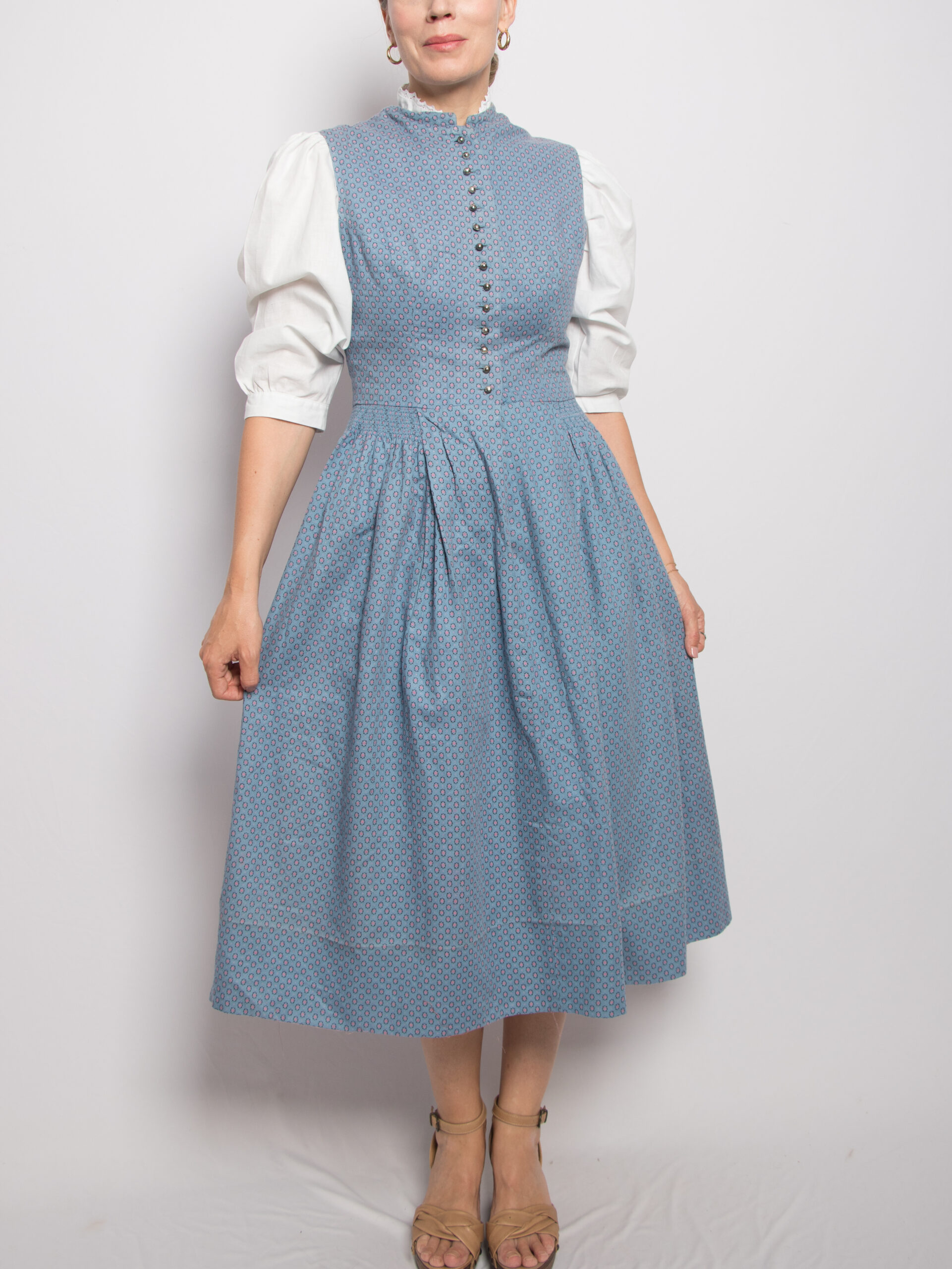 Vintage Floral Folk Dirndl Dress Vintage Midi Dirndl Dress Blue Floral Folk Cottagecore Alpine Sound of Music Style Size M