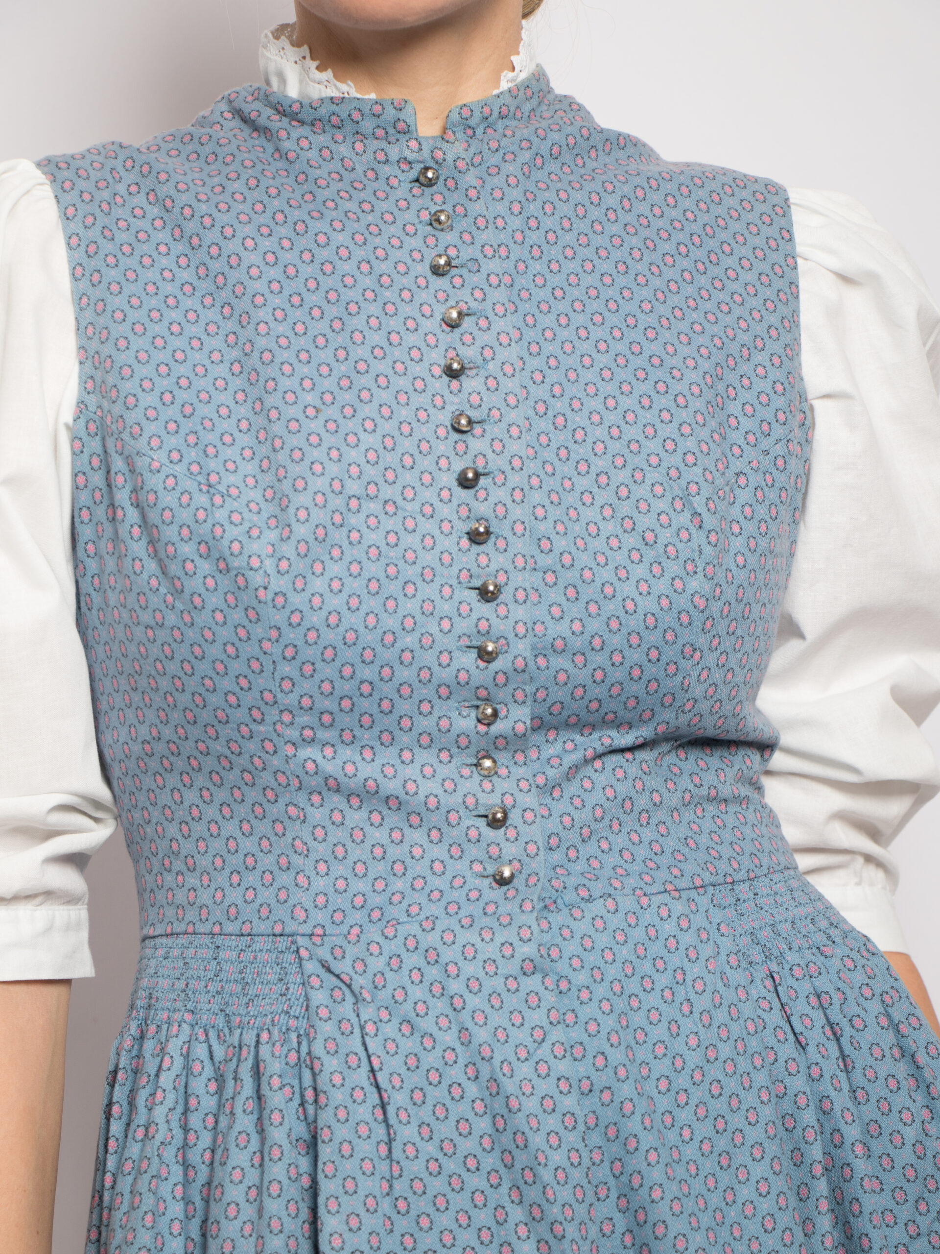Vintage Floral Folk Dirndl Dress Vintage Midi Dirndl Dress Blue Floral Folk Cottagecore Alpine Sound of Music Style Size M