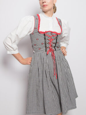 Vintage Gingham Dirndl Dress Lace-Up Bodice Red Trim Cottagecore Folk Style Size S