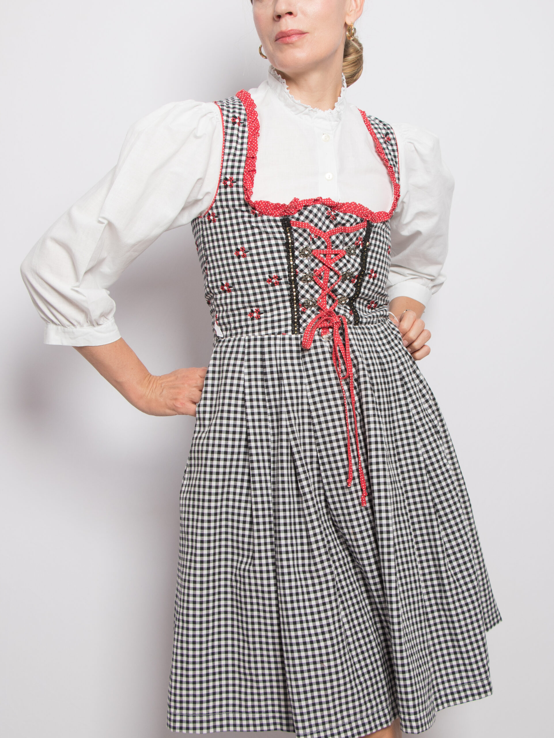 Vintage Cottagecore Folk Dirndl Dress Vintage Gingham Dirndl Dress Lace-Up Bodice Red Trim Cottagecore Folk Style Size S