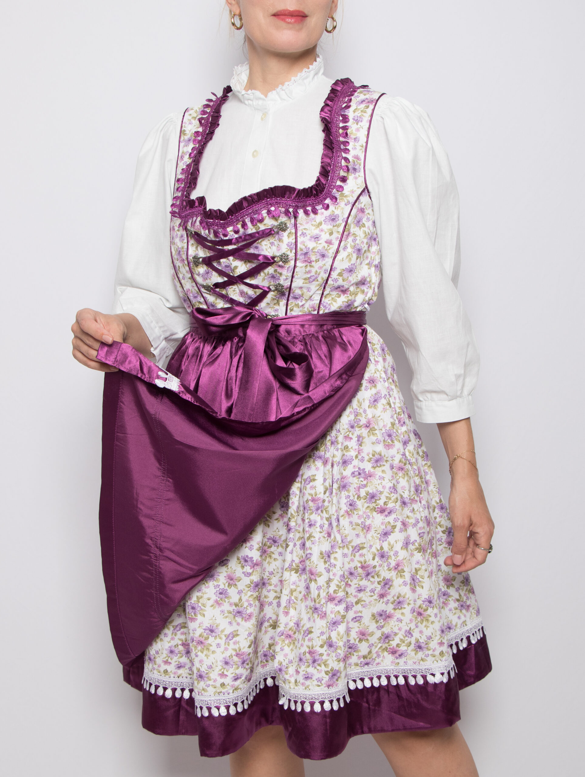 Vintage Lifos Floral Dirndl Dress Vintage Lifos Floral Dirndl Dress Cotton Purple Folk Alpine Sound of Music Style Size M