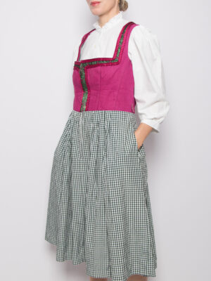 Vintage Gingham Dirndl Dress Purple Green Cotton Midi Folk Country Style Size L Gift for Girlfriend Sounds of Music