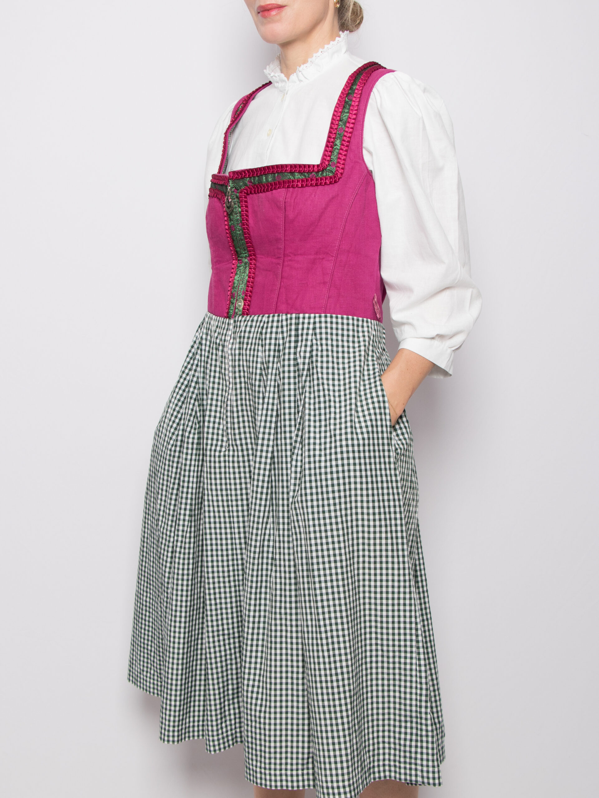 Vintage Long Gingham Dirndl Dress Vintage Gingham Dirndl Dress Purple Green Cotton Midi Folk Country Style Size L Gift for Girlfriend Sounds of Music