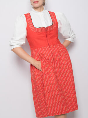 Vintage Floral Dirndl Dress Red Cotton Midi Folk Country Style Size L Gift for Girlfriend