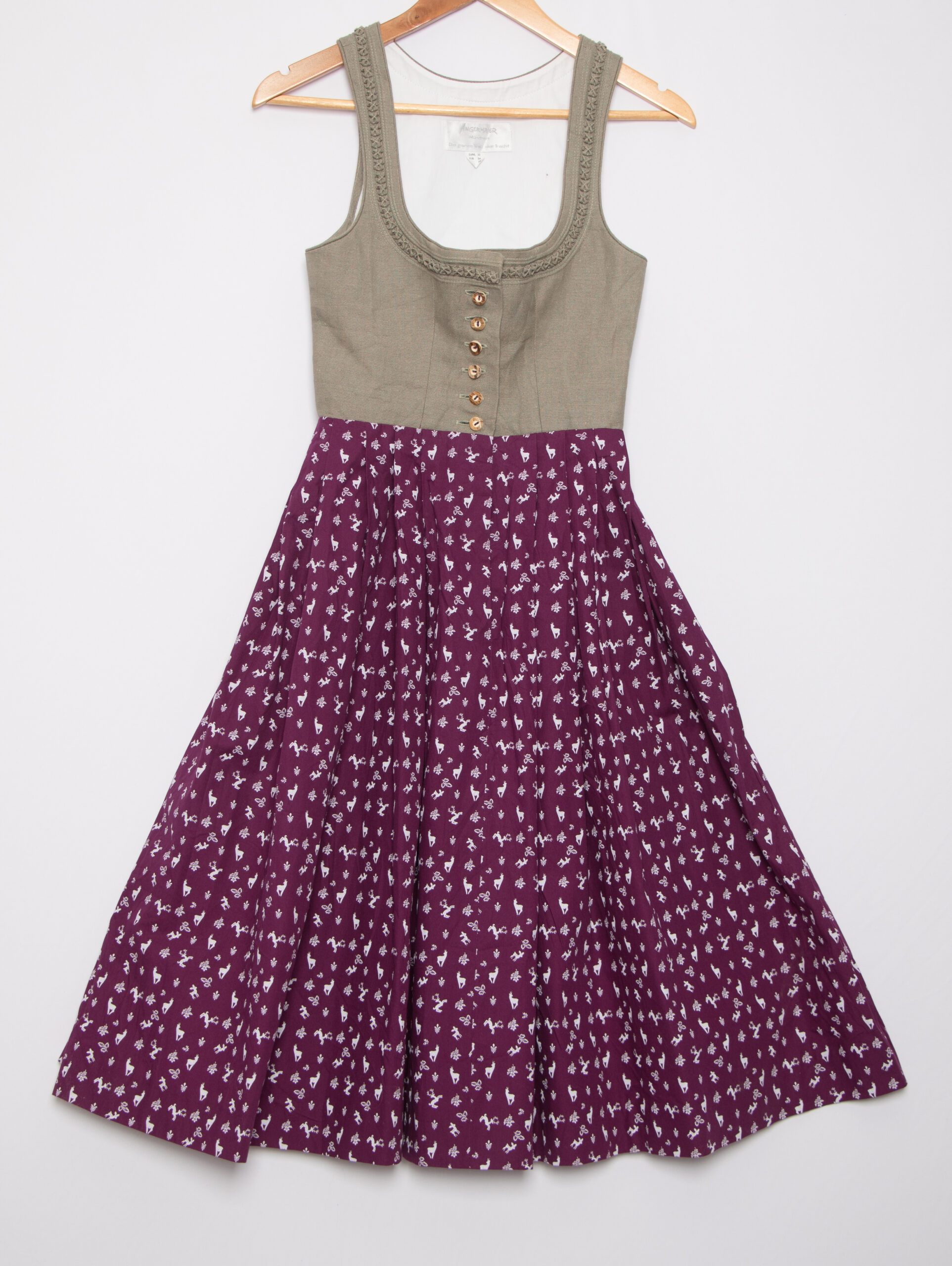 Vintage Angermaier Dirndl Dress Vintage Dirndl Dress Angermaier Size XS Linen Corset Deer print Cotton Skirt Real Antler Buttons Bavarian Alpine