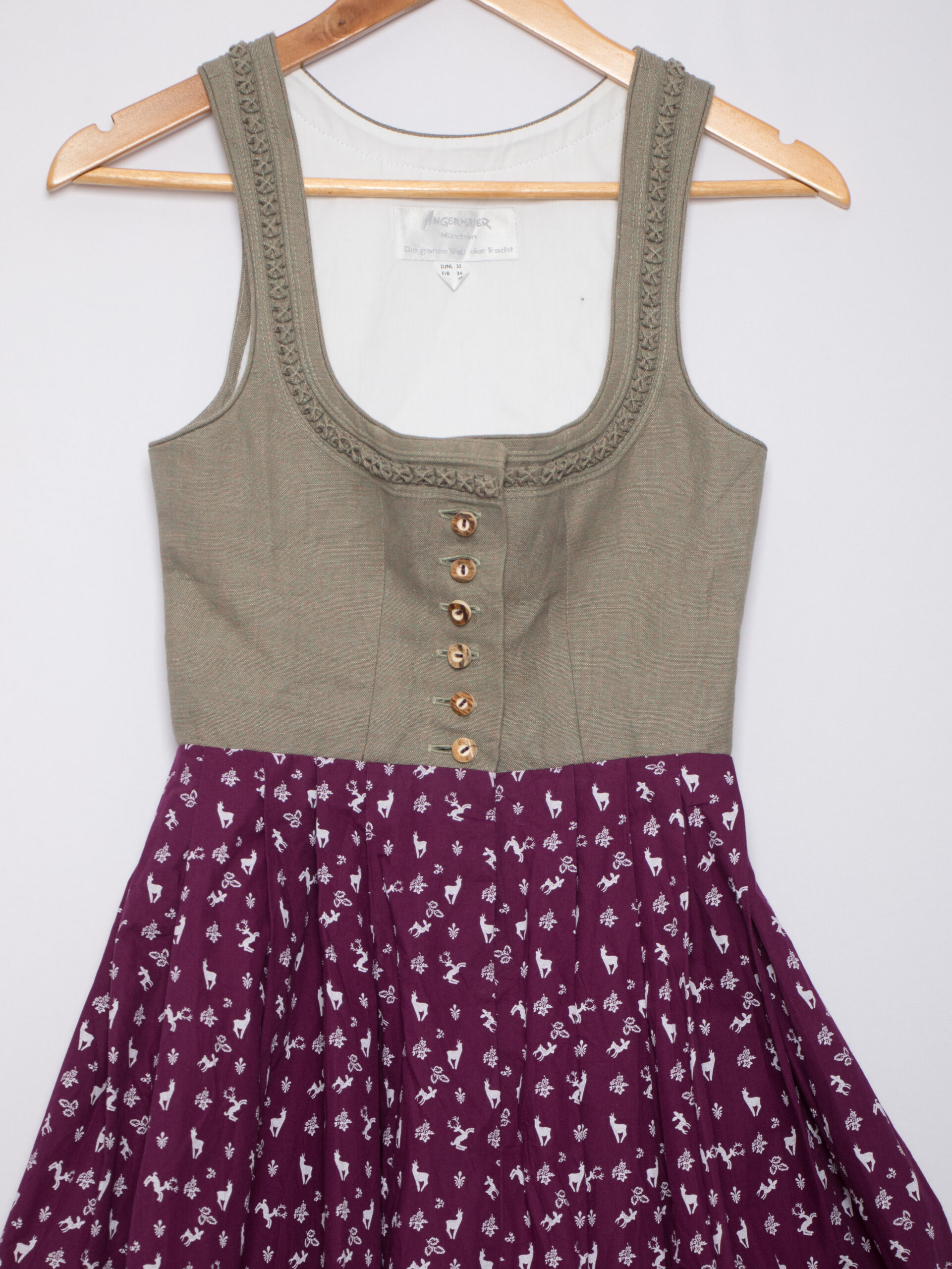 Vintage Angermaier Dirndl Dress Vintage Dirndl Dress Angermaier Size XS Linen Corset Deer print Cotton Skirt Real Antler Buttons Bavarian Alpine