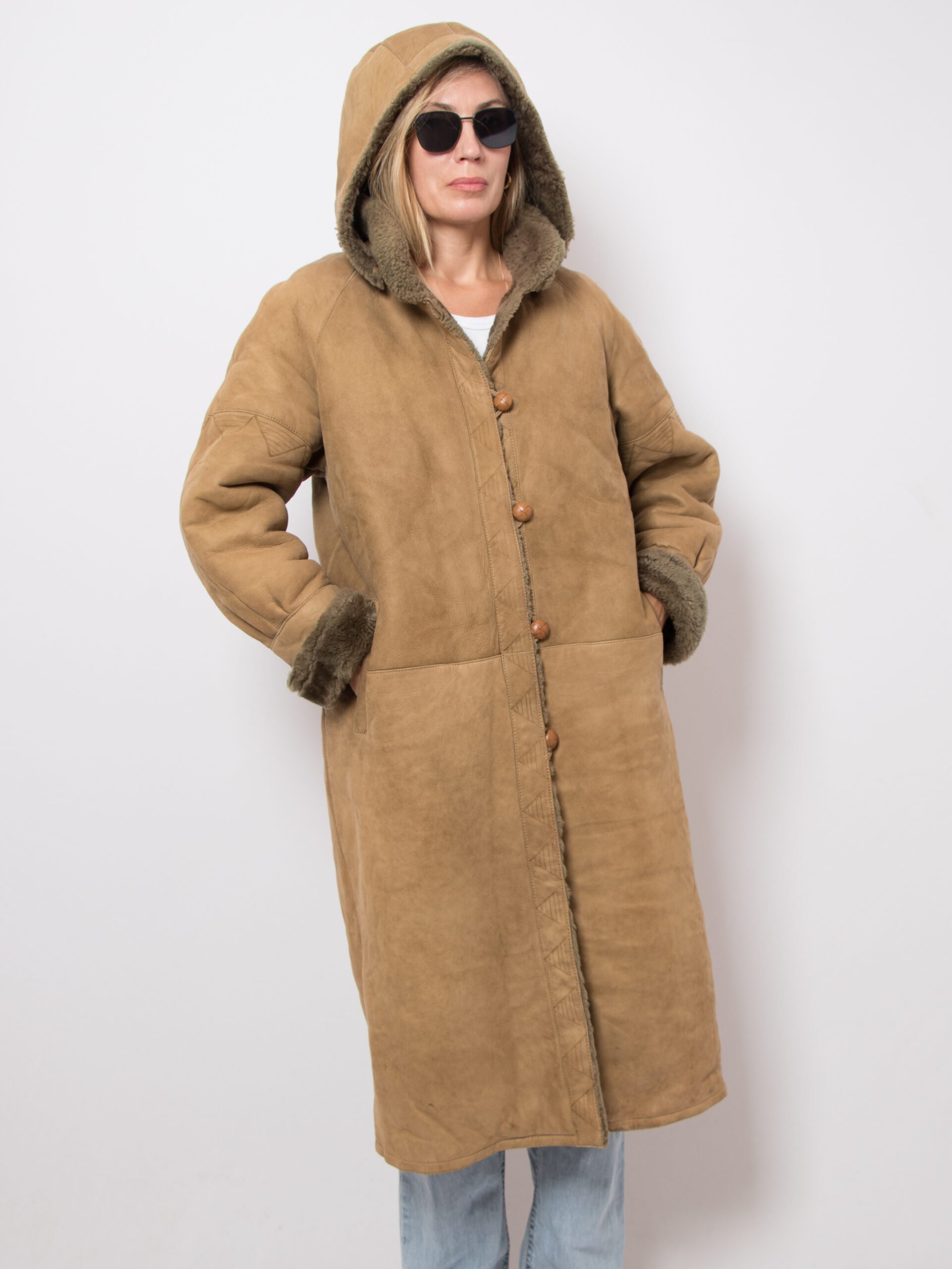 Vintage Suede Hooded Sheepskin Coat Vintage Suede Hooded Sheepskin Coat Brown Womenswear Warm Winter Best fit Size M / L Gift for Girlfriend Wife