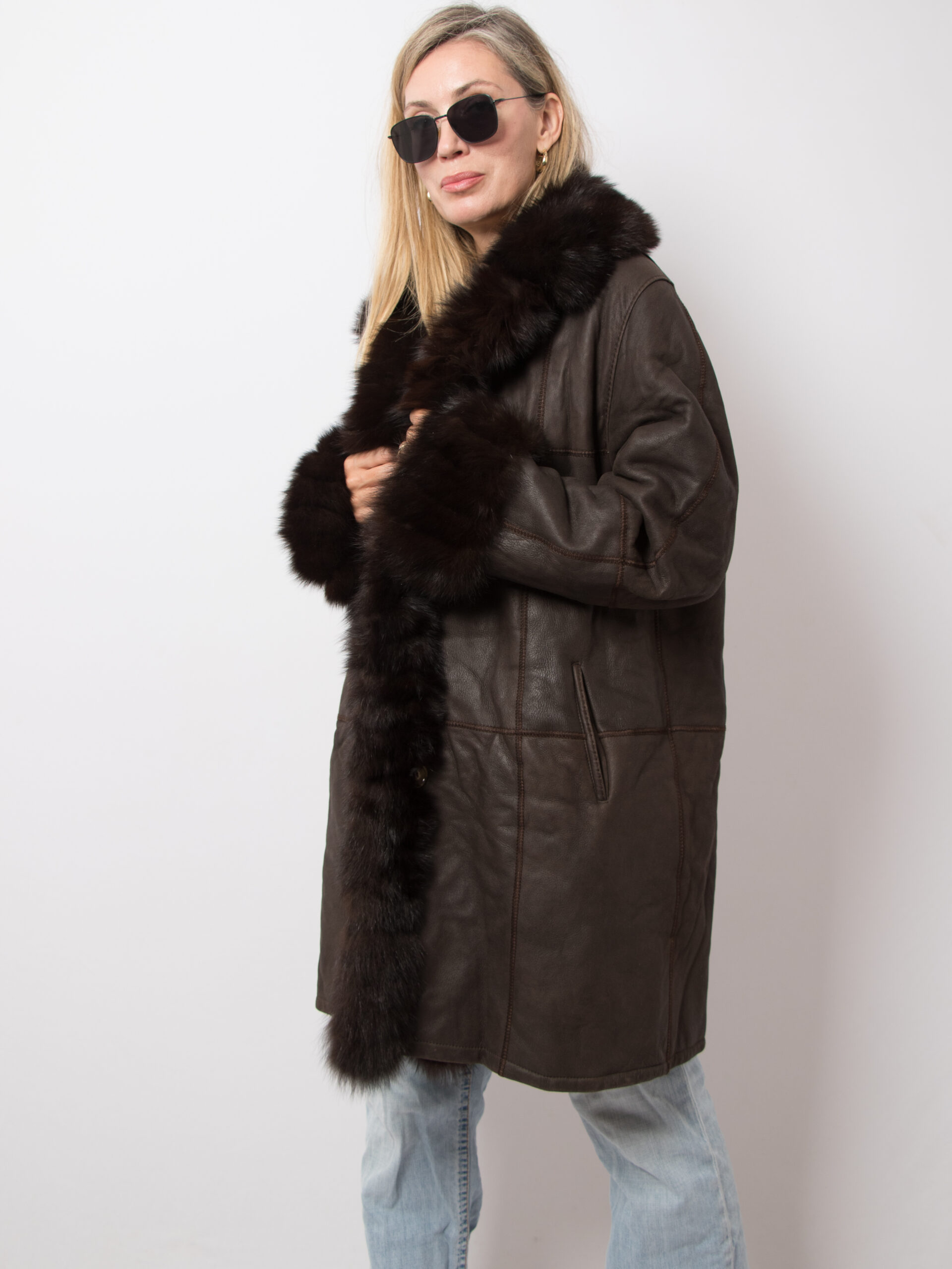 Philippe Vallereuil Leather Coat with Fox fur trim Vintage Philippe Vallereuil France Sheepskin Coat with Fox fur trim Size L/XL Original Gift