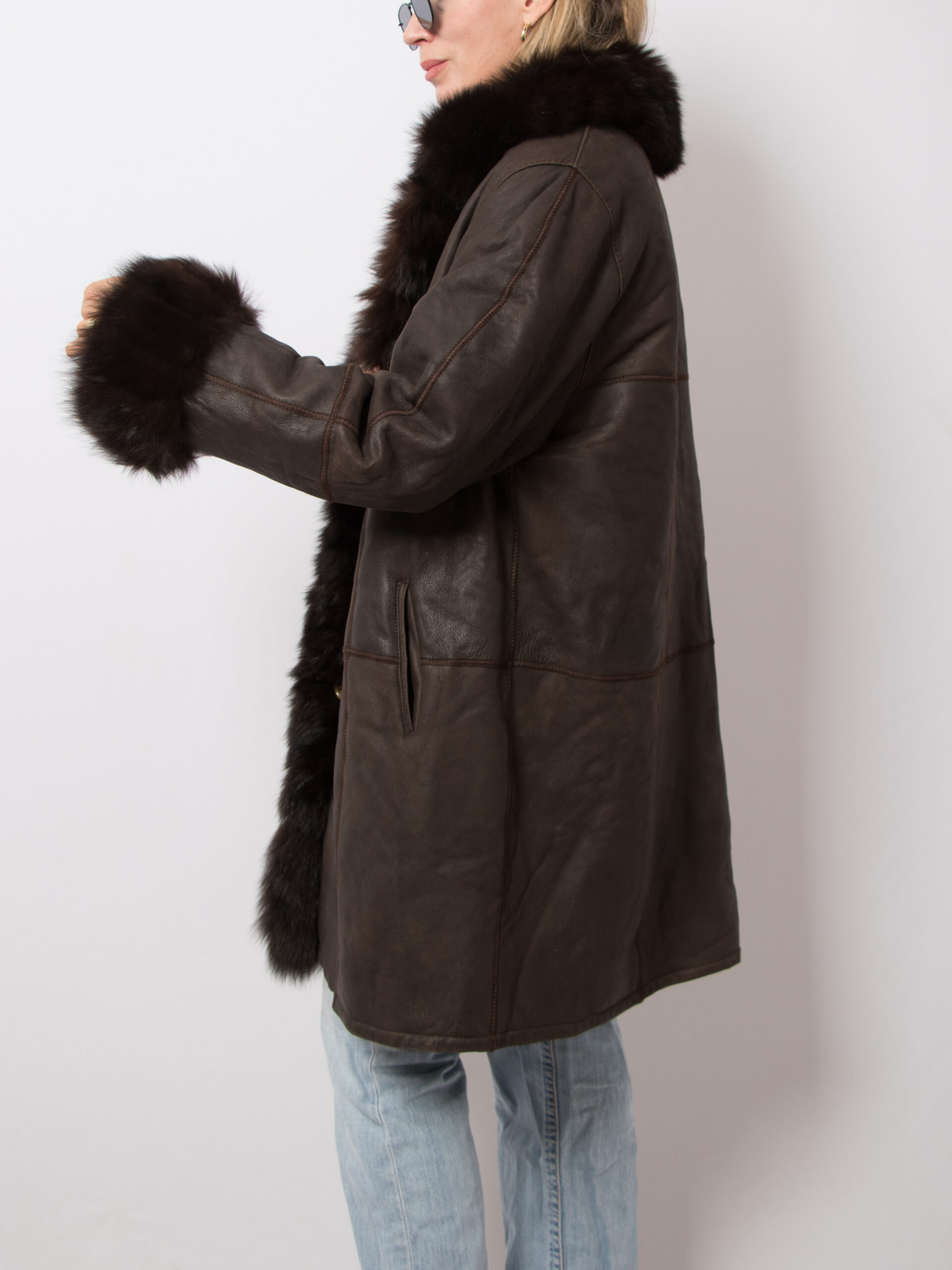 Philippe Vallereuil Leather Coat with Fox fur trim Vintage Philippe Vallereuil France Sheepskin Coat with Fox fur trim Size L/XL Original Gift