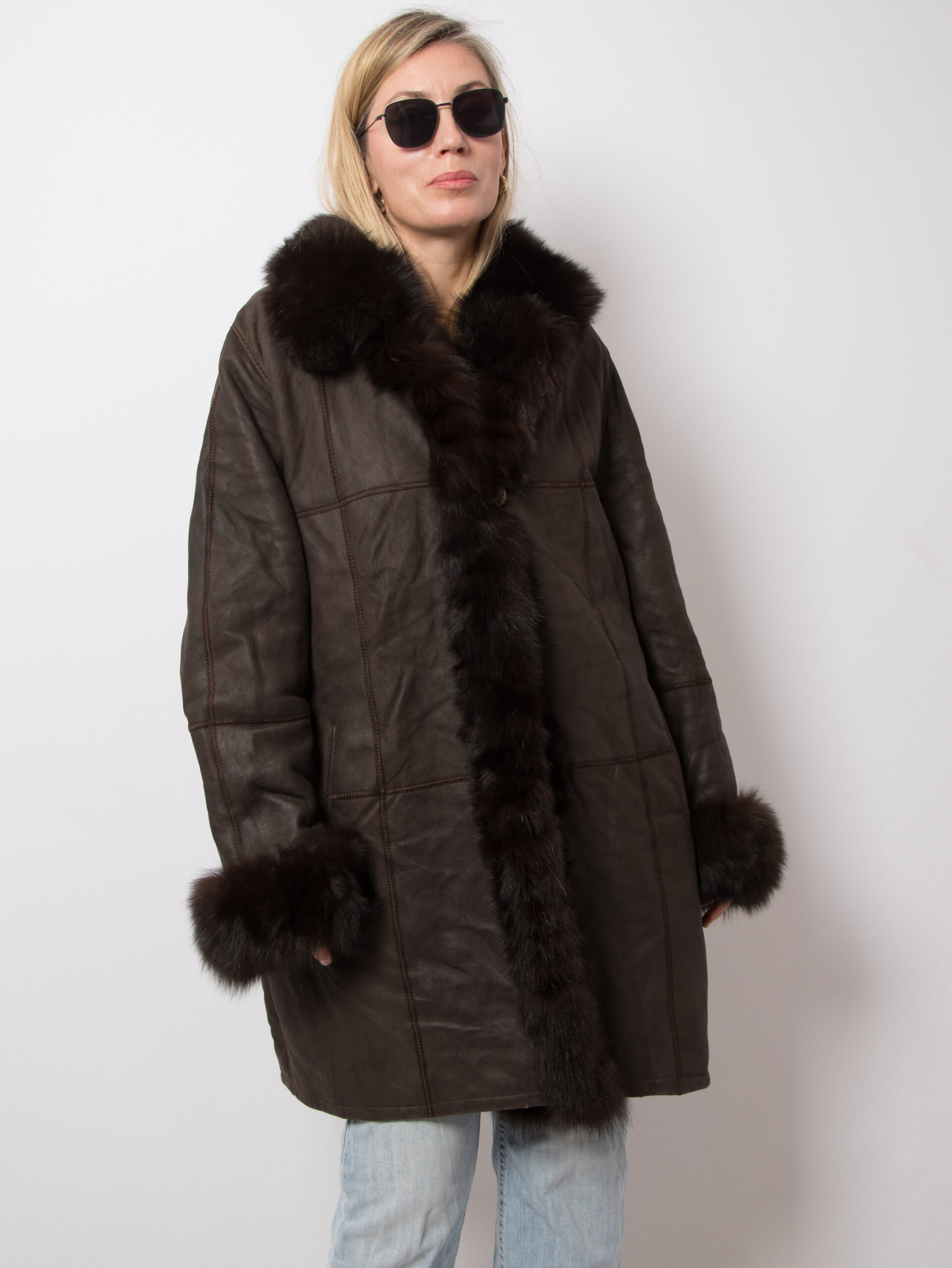 Philippe Vallereuil Leather Coat with Fox fur trim Vintage Philippe Vallereuil France Sheepskin Coat with Fox fur trim Size L/XL Original Gift