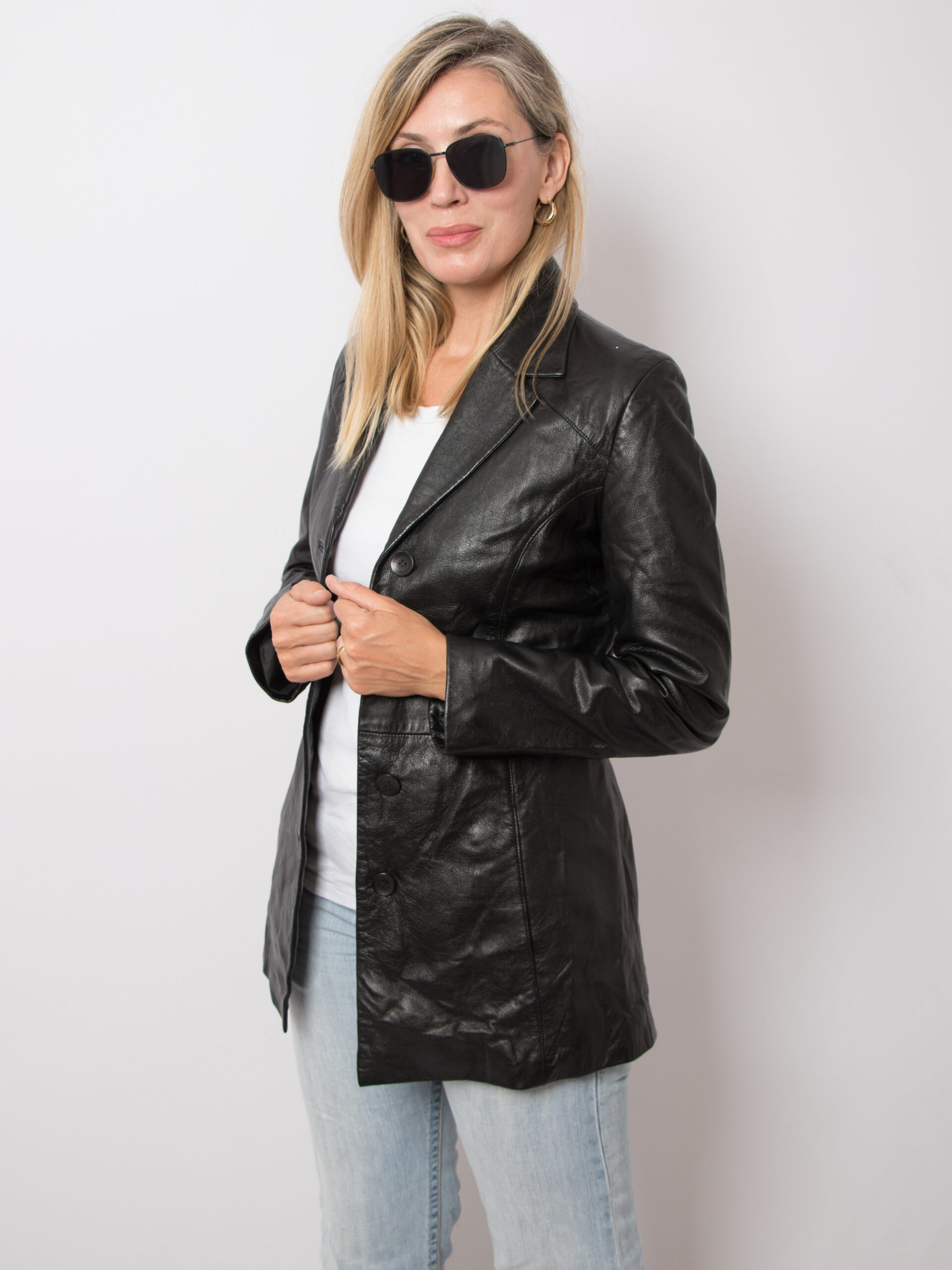 Vintage Black Leather Blazer Vintage Black Leather Blazer Jacket Timeless Normcore Minimalist Dressing Size S/M Gift for Girlfriend Wife Partner