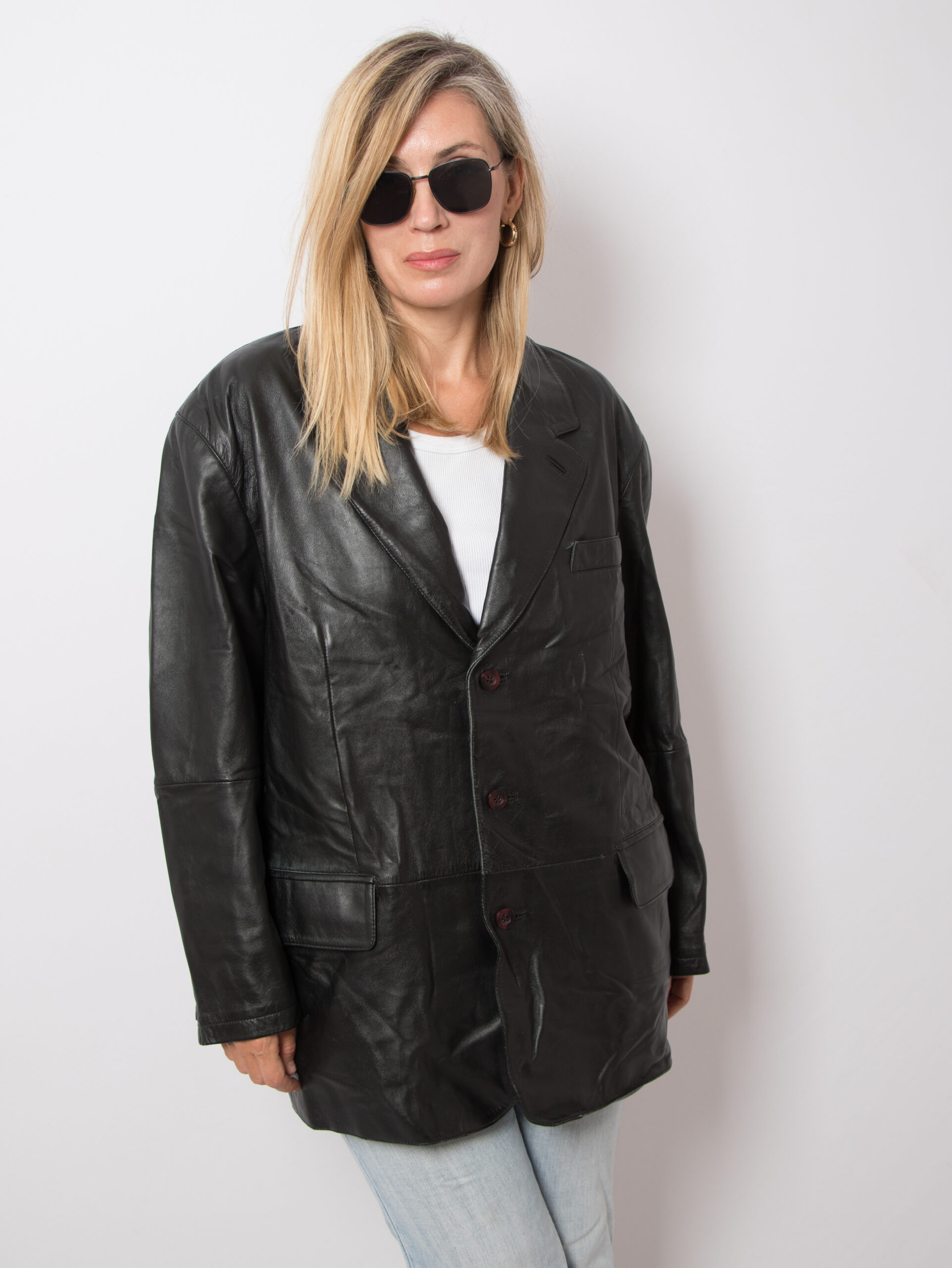 Vintage Black Leather Blazer Menswear Vintage Black Leather Blazer Jacket Menswear Size XL 90s Minimalist Rock Chic Outerwear