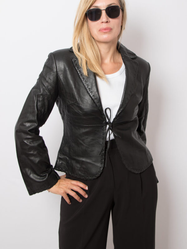 90s Y2K Black Leather Blazer Bell Sleeve Jacket Size M