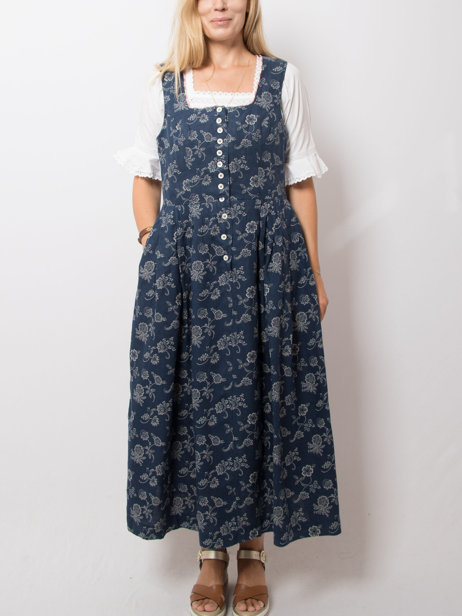 Vintage Floral Linen Folk Dress Vintage Floral Linen Folk Dress Blue Long Dirndl Peasant Country Cottagecore Size L Gift for Girlfriend Sounds of Music