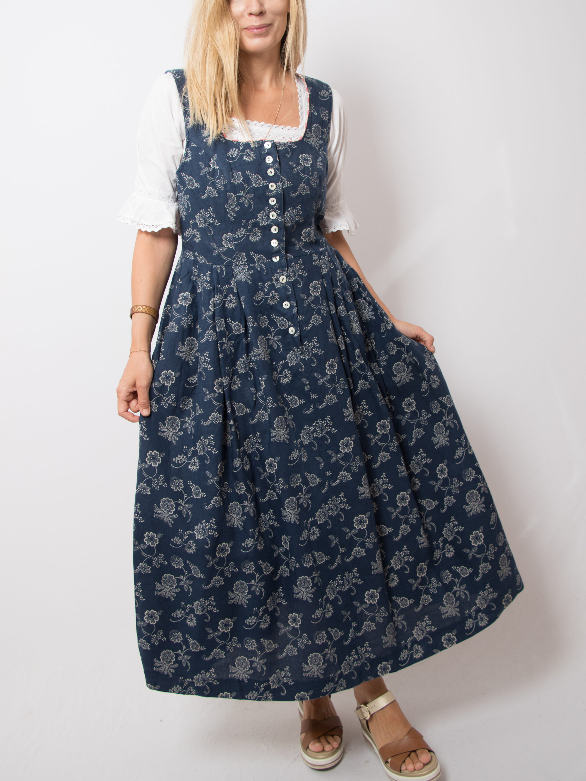 Vintage Floral Linen Folk Dress Vintage Floral Linen Folk Dress Blue Long Dirndl Peasant Country Cottagecore Size L Gift for Girlfriend Sounds of Music