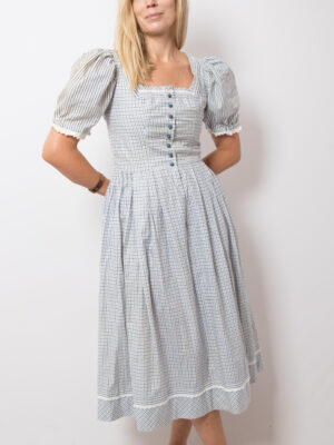 Vintage Midi Plaid Folk Dress Puff Sleeves Dirndl