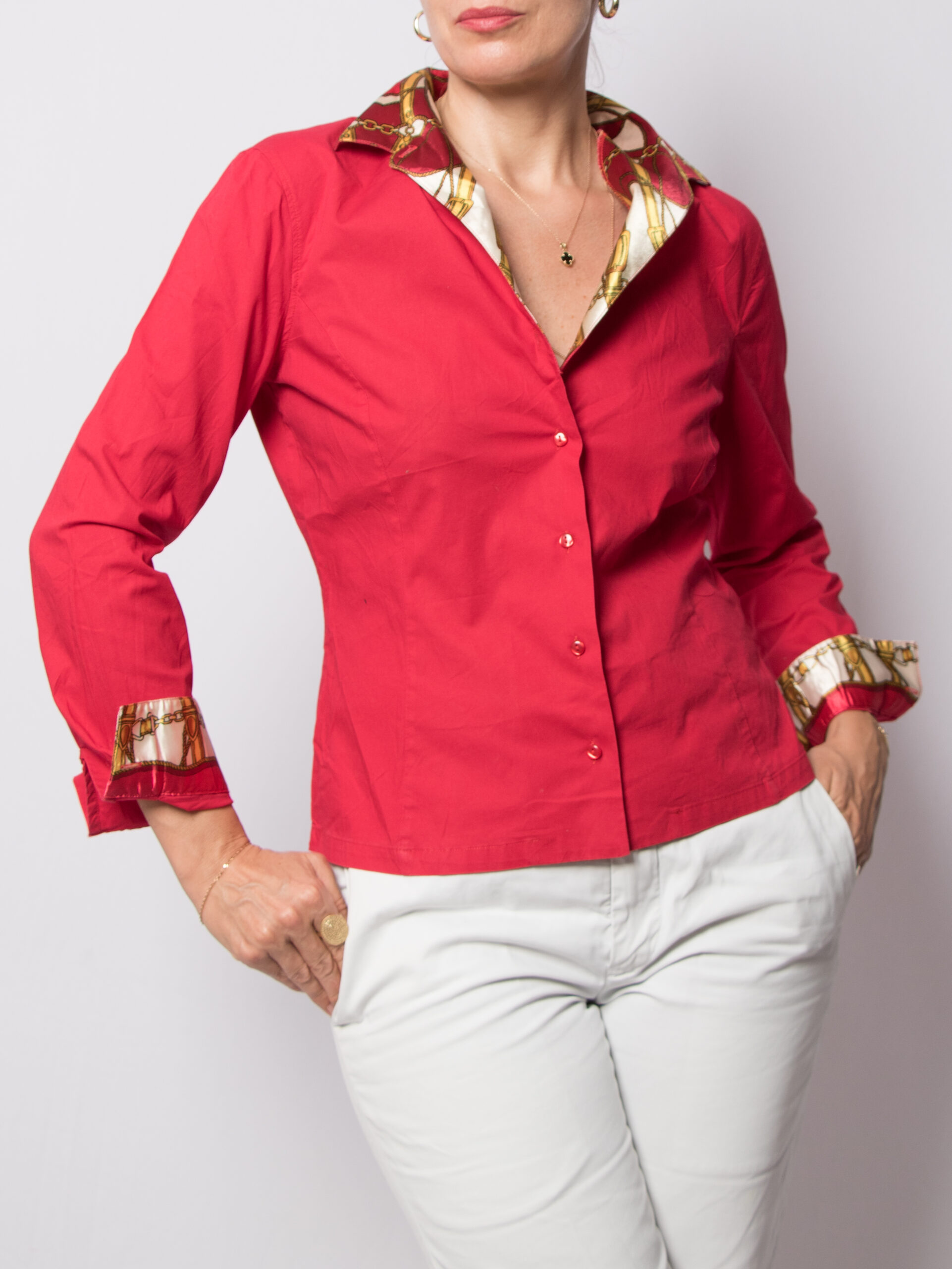 Nara Camicie Red Blouse with Equestrian print trim 90s Y2K Nara Camicie Red Blouse with Satin Equestrian inspired trim Size M Gift for Wife