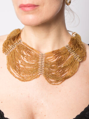 Vintage Art Deco Seed Bead Bib Necklace 10 cm Drop Screwing Closure Statement Jewelry