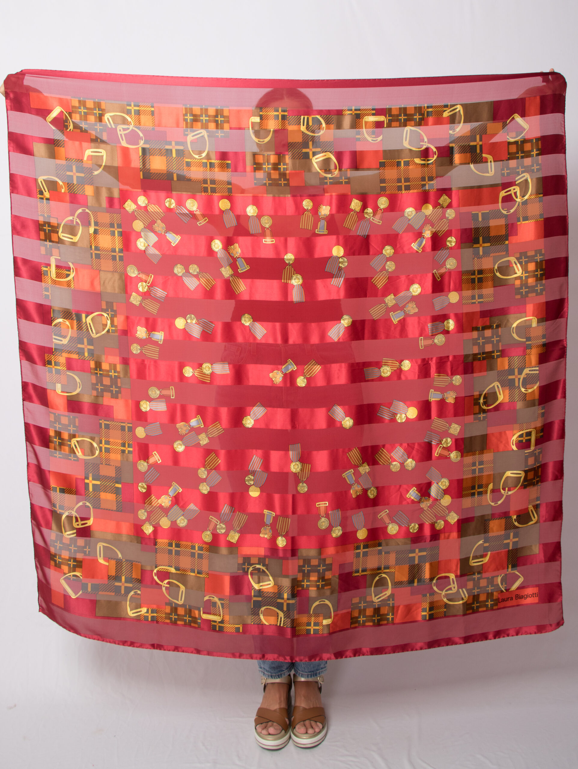 Vintage Oversized Red Silk Scarf Sheer Square Vintage Oversized Red Silk Scarf Sheer Square with Equestrian Victory Medal Motifs
