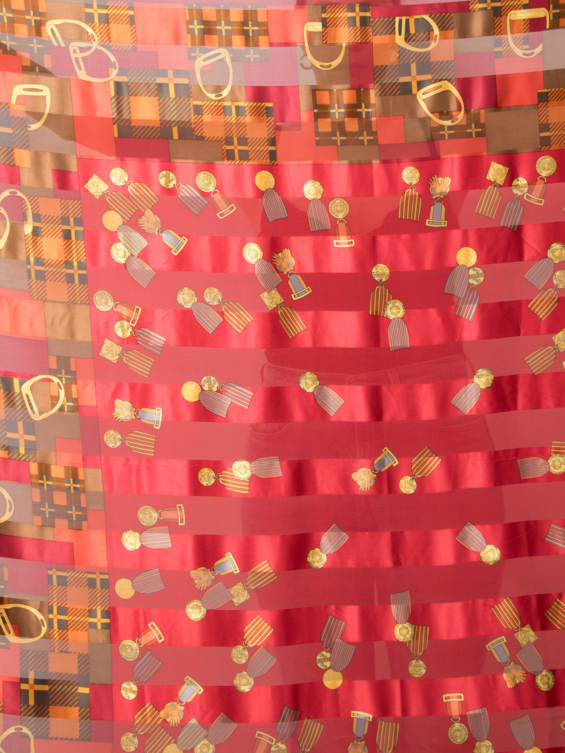 Vintage Oversized Red Silk Scarf Sheer Square Vintage Oversized Red Silk Scarf Sheer Square with Equestrian Victory Medal Motifs