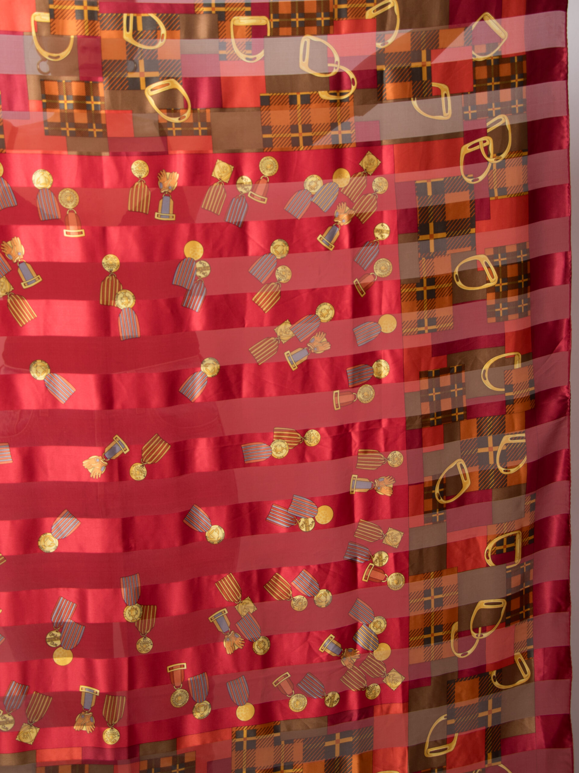 Vintage Oversized Red Silk Scarf Sheer Square Vintage Oversized Red Silk Scarf Sheer Square with Equestrian Victory Medal Motifs