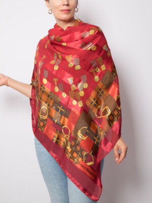 Vintage Oversized Red Silk Scarf Sheer Square with Equestrian Victory Medal Motifs