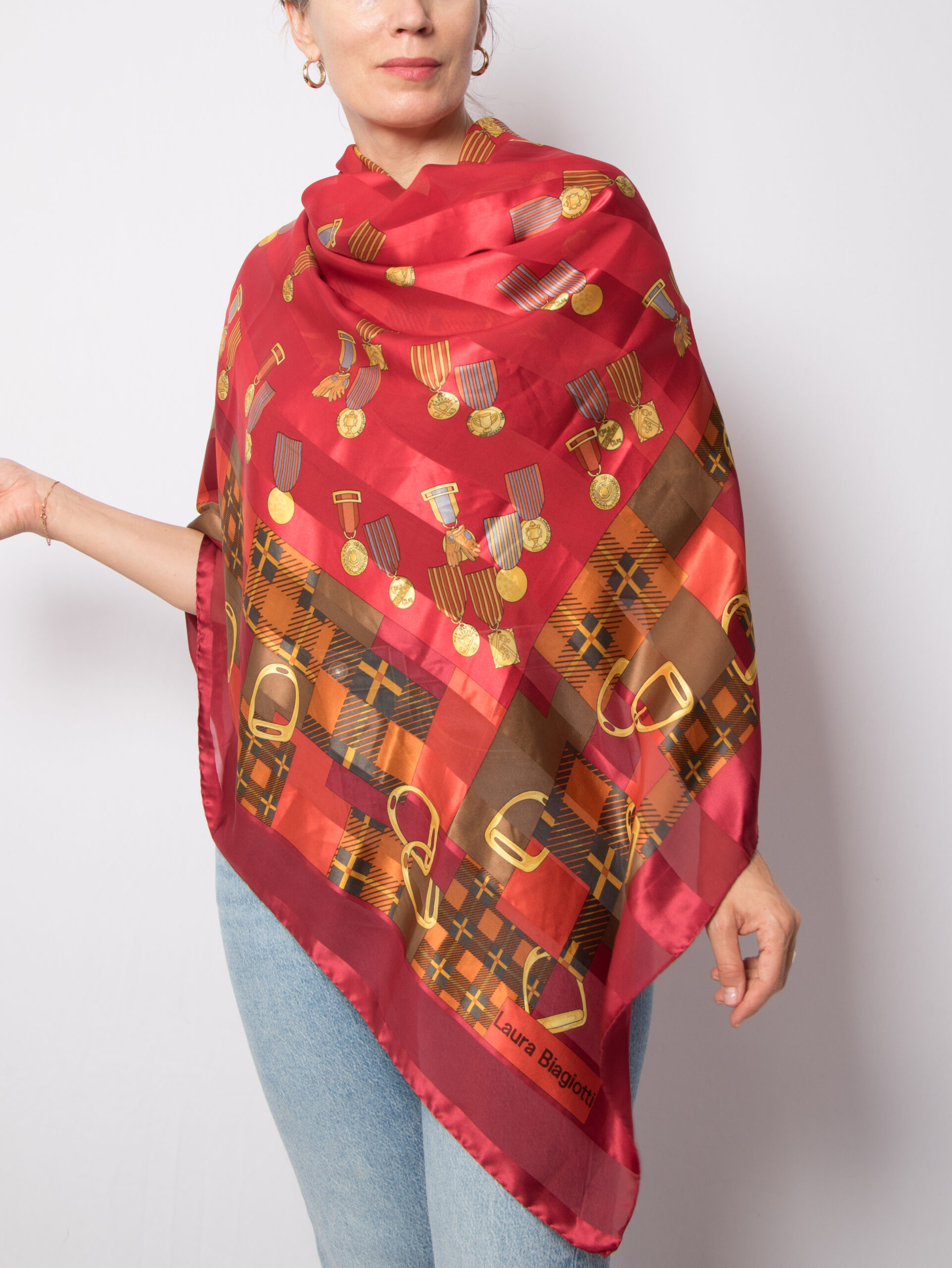 Vintage Oversized Red Silk Scarf Sheer Square Vintage Oversized Red Silk Scarf Sheer Square with Equestrian Victory Medal Motifs