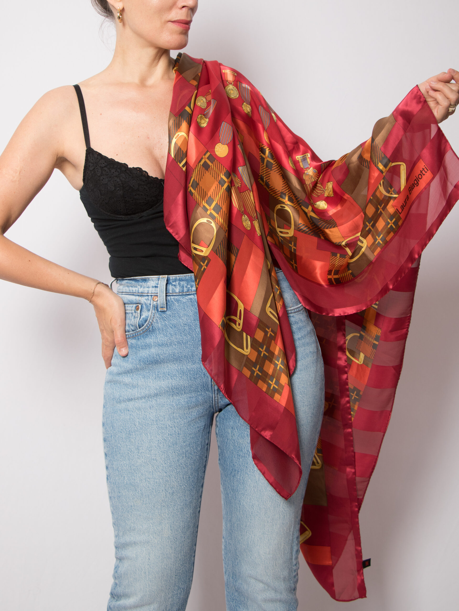 Vintage Oversized Red Silk Scarf Sheer Square Vintage Oversized Red Silk Scarf Sheer Square with Equestrian Victory Medal Motifs