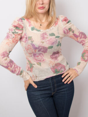 Floral Sheer Mohair Sweater Puff Shoulders