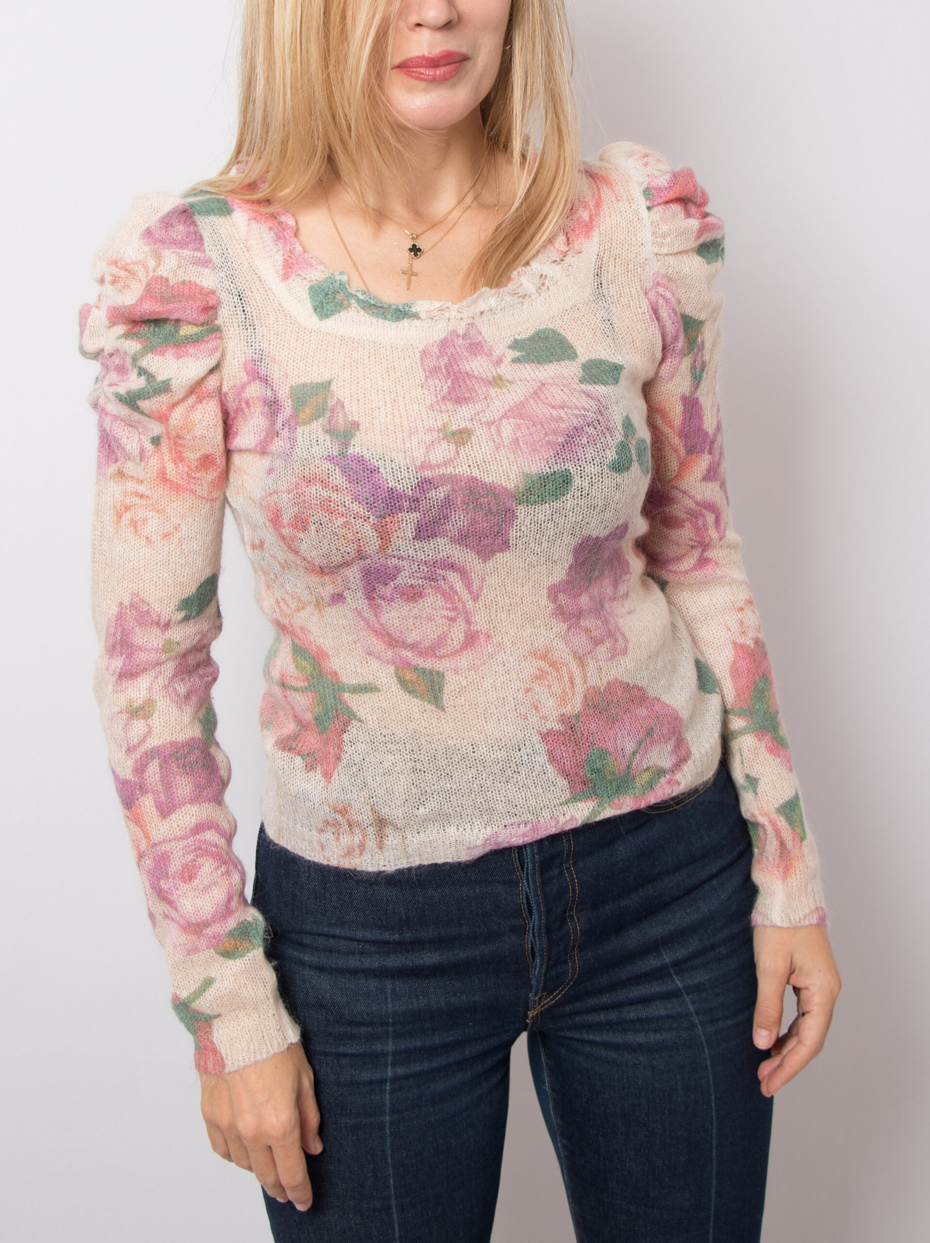 Floral Sheer Mohair Sweater Puff Shoulders Floral Sheer Mohair Sweater Puff Shoulders - Image 2