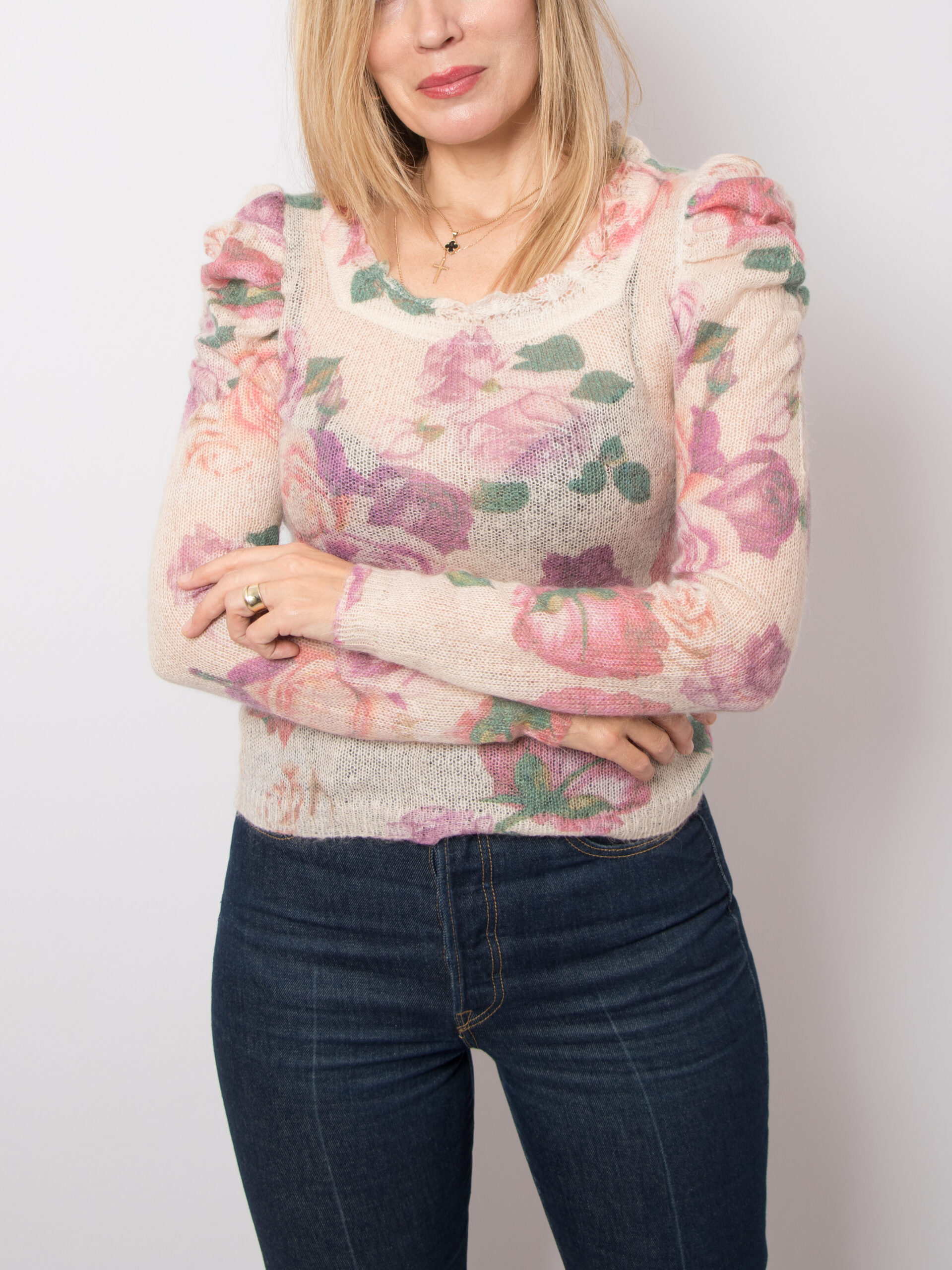 Floral Sheer Mohair Sweater Puff Shoulders Floral Sheer Mohair Sweater Puff Shoulders - Image 3