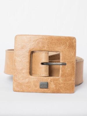 ENTRÀ Tan Leather Belt with Oversized Square Buckle