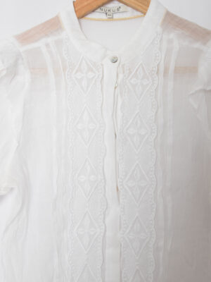 NUKUS Sheer Embroidered Ruffle Blouse