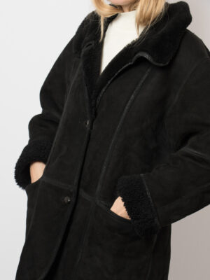 Vintage Black Suede Leather Shearling Coat