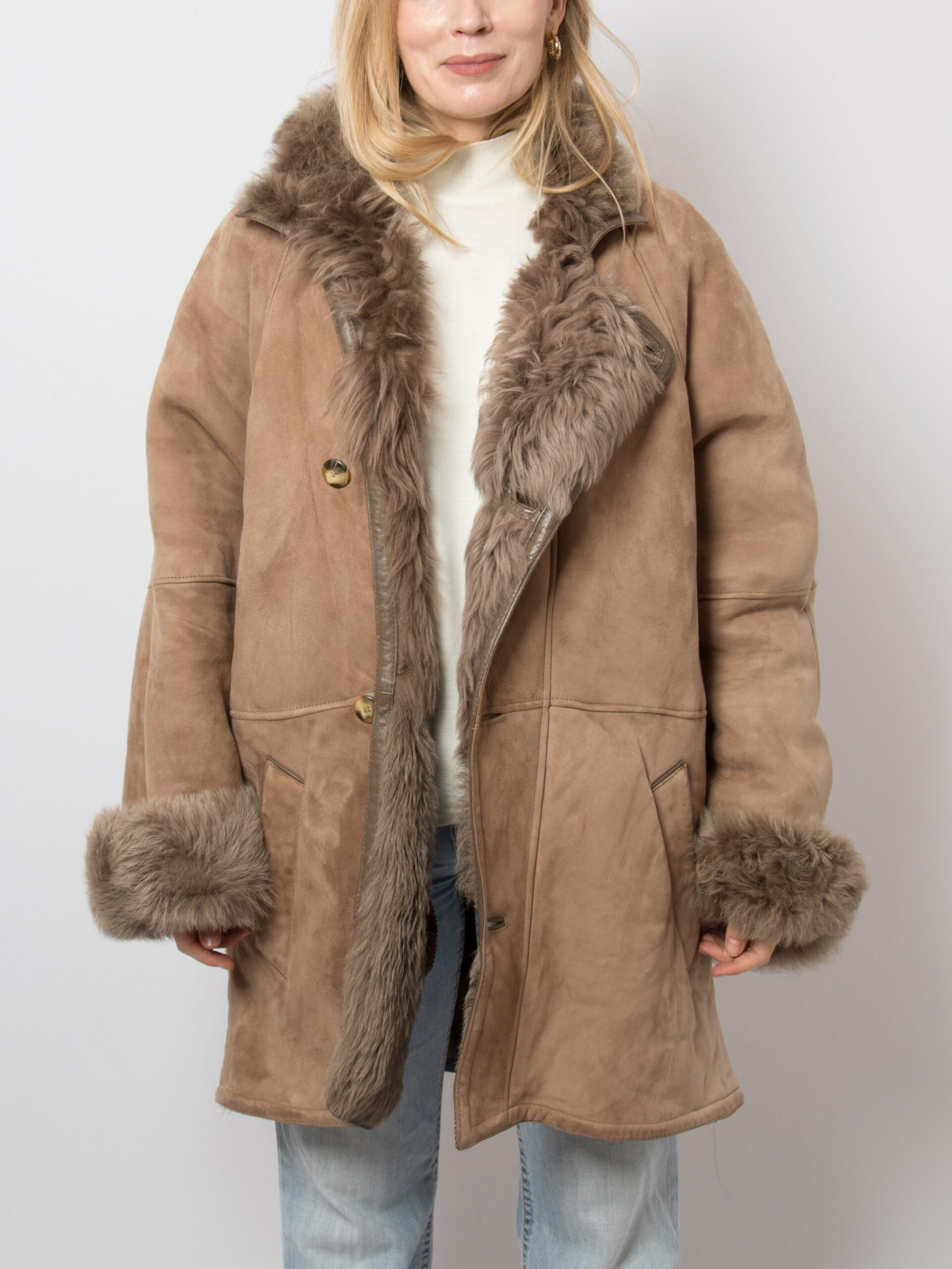 Vintage Taupe Suede Leather Shearling Coat Vintage Taupe Suede Leather Shearling Coat - Image 2
