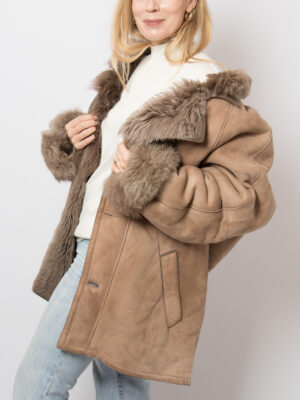 Vintage Taupe Suede Leather Shearling Coat