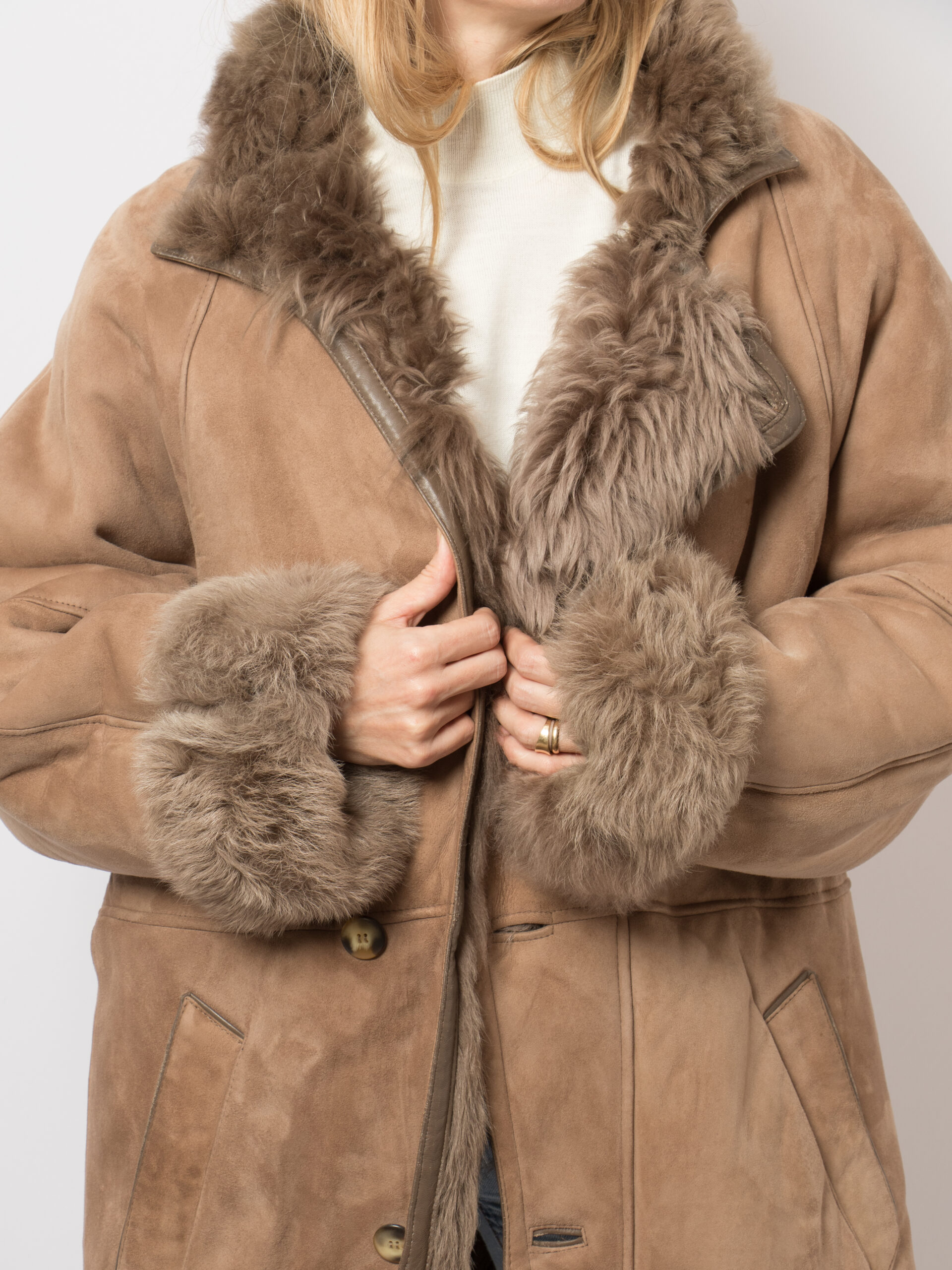 Vintage Taupe Suede Leather Shearling Coat Vintage Taupe Suede Leather Shearling Coat - Image 5