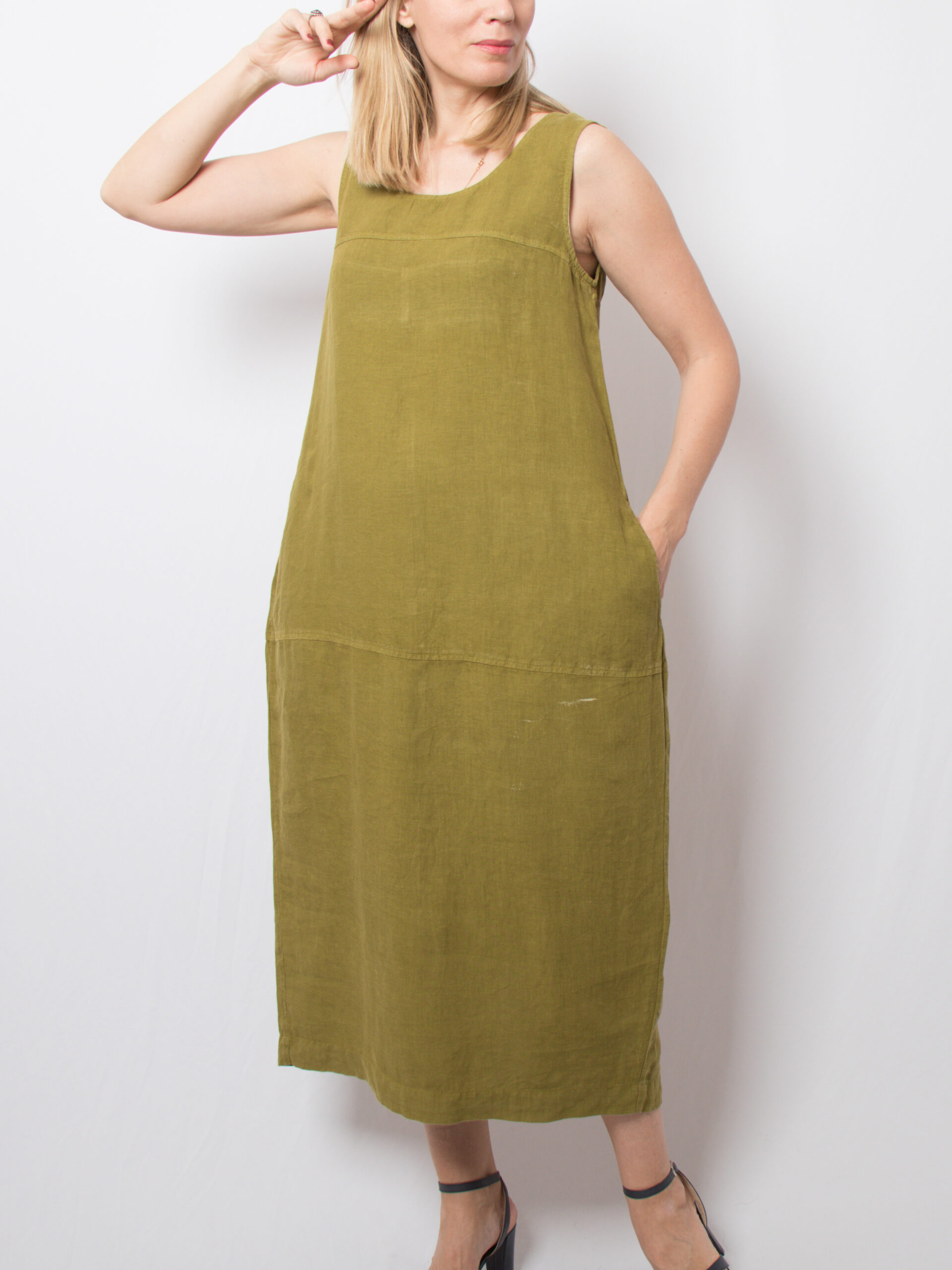 Vintage Olive Green Linen Pinafore Dress Vintage Olive Green Linen Pinafore Dress - Image 4
