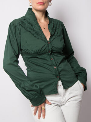 Vintage Forest Green Ruffle Trim Blouse