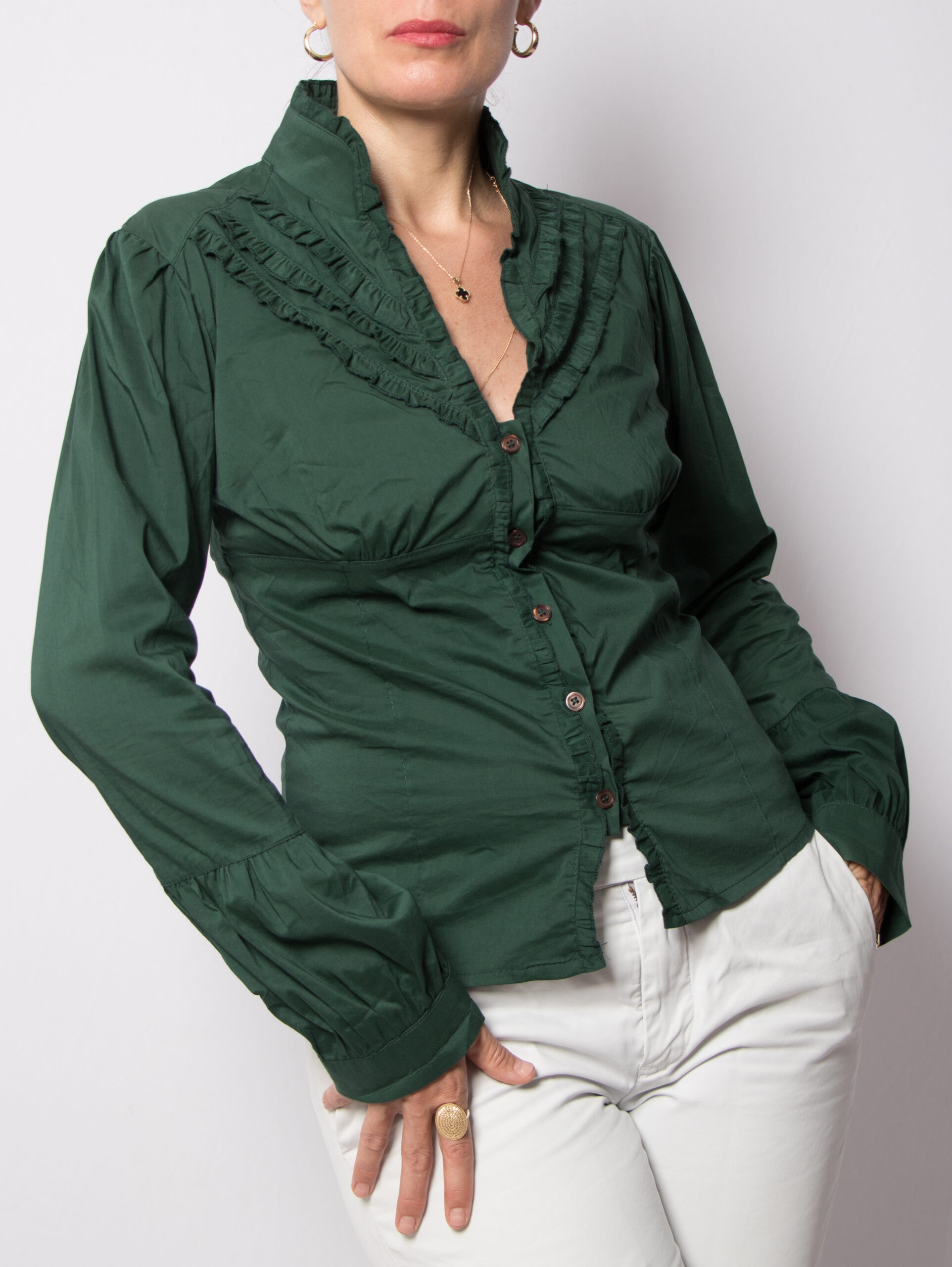 Vintage Forest Green Ruffle Trim Blouse Vintage Forest Green Ruffle Trim Blouse