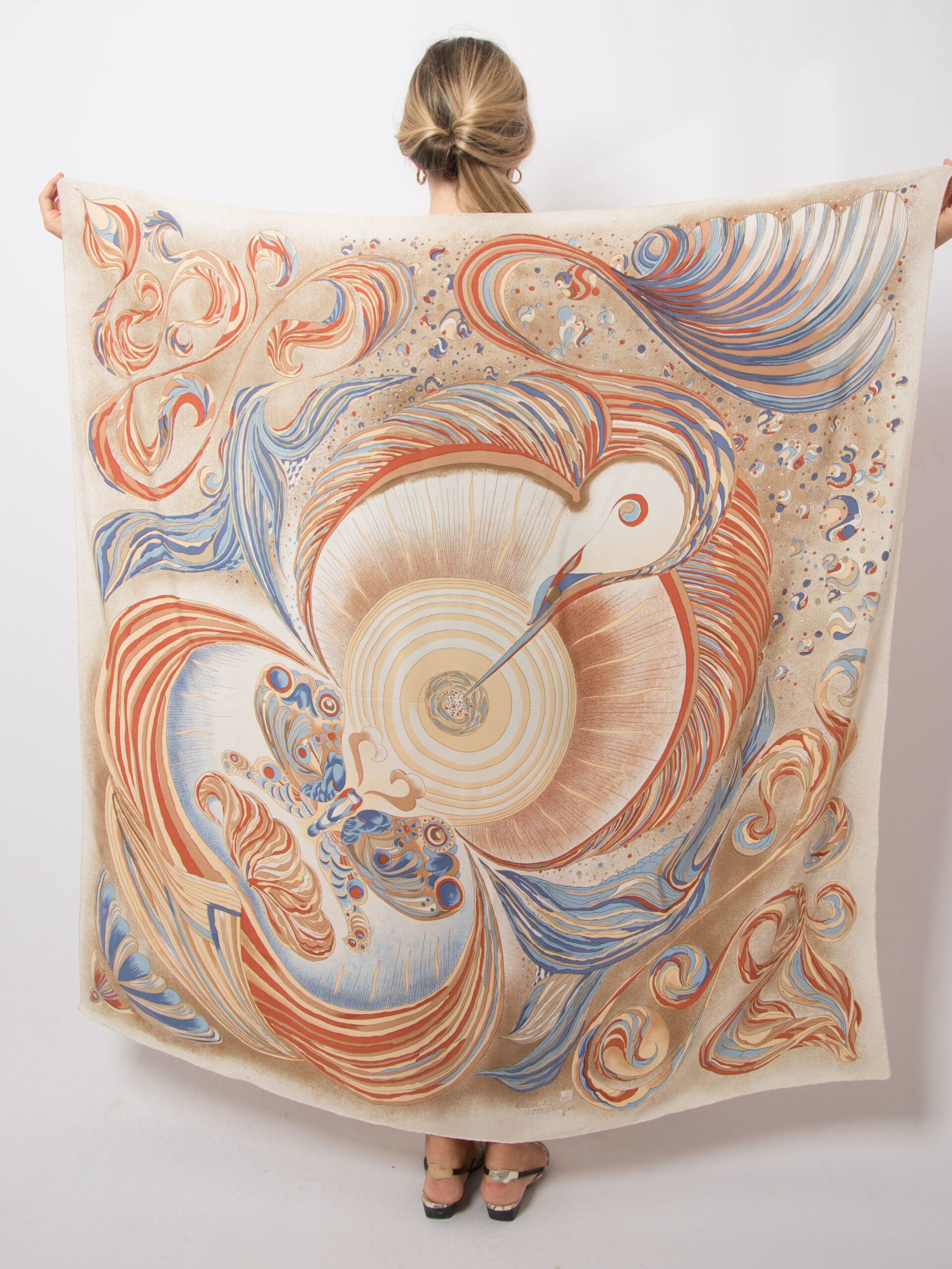 Vintage Large Silk Scarf Abstract Peacock Print Vintage Large Silk Scarf Abstract Peacock Print