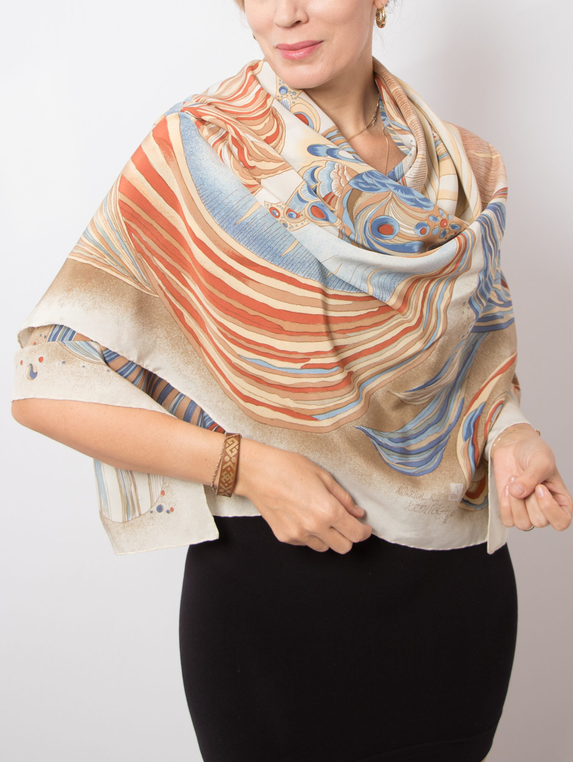 Vintage Large Silk Scarf Abstract Peacock Print Vintage Large Silk Scarf Abstract Peacock Print - Image 3