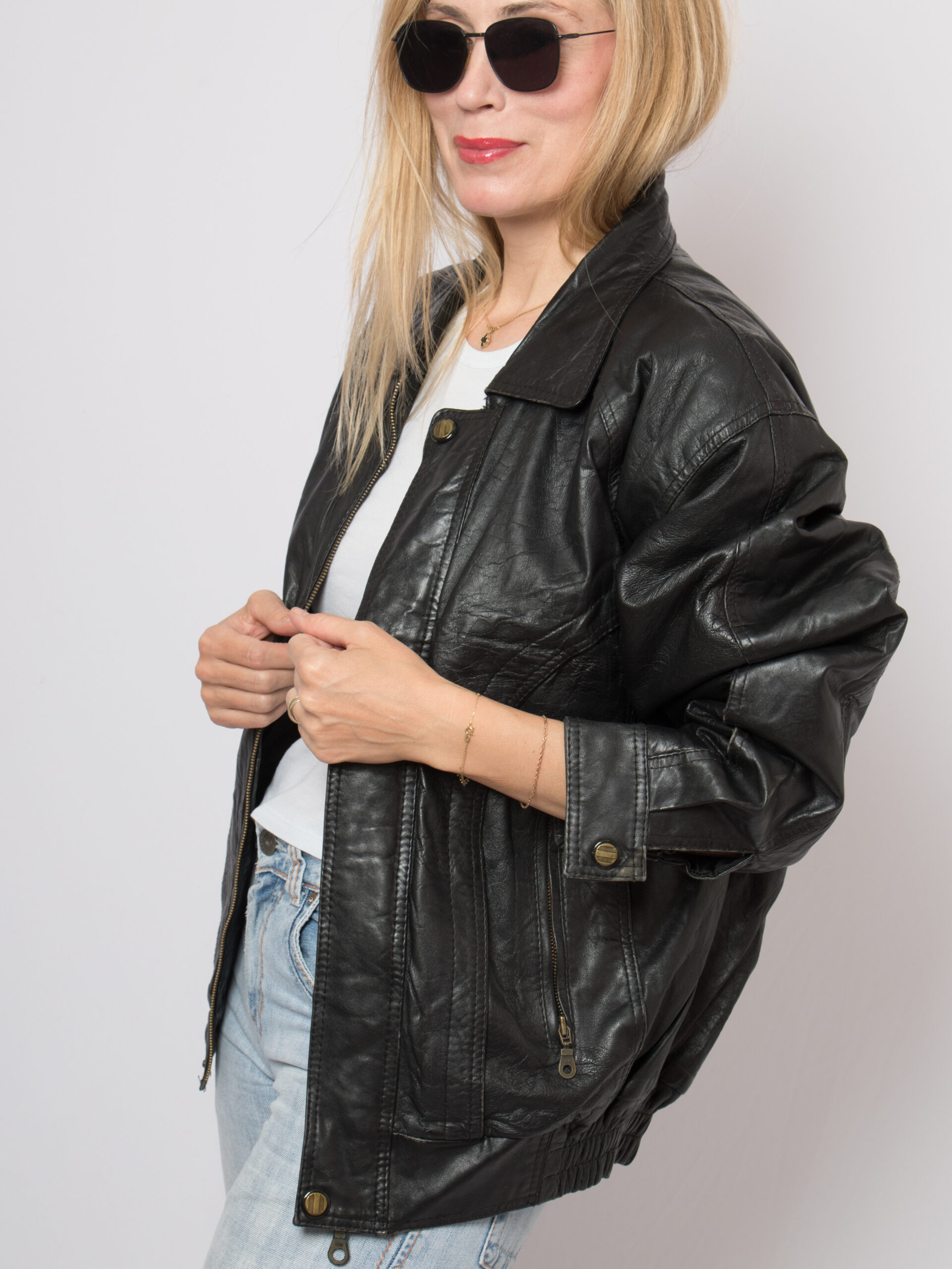 90s Black Leather Bomber Jacket Oversized 90s Black Leather Bomber Jacket Oversized - Image 4