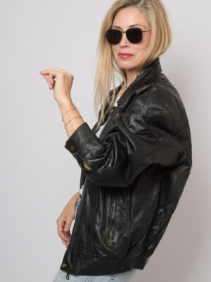 90s Black Leather Bomber Jacket Oversized